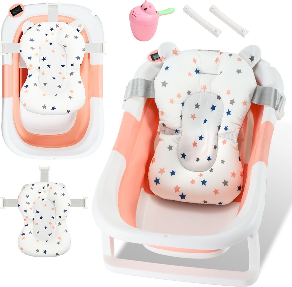 Aopunly Baby Badewanne Faltbar mit Thermometer und Badekissen - Faltbare Badewanne Baby 60.5 cm - Rosa
