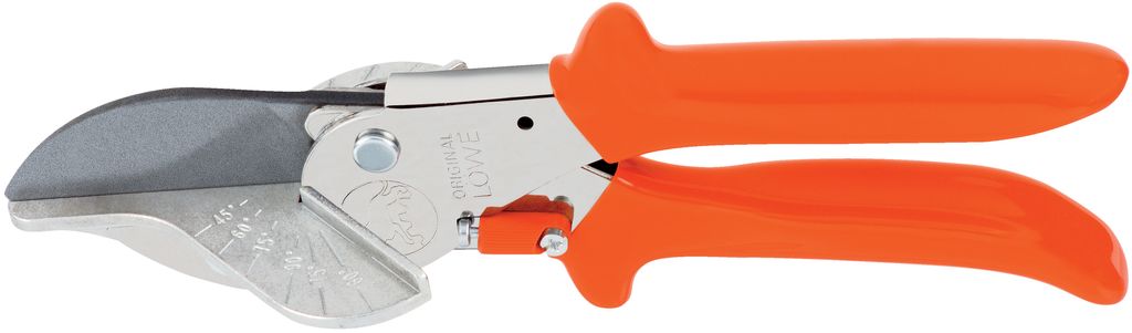 A pair of pruning shears with orange handles against a white background.
