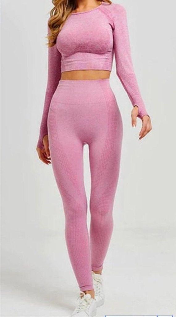 Jumada's - Sportoutfit - Crop-Top mit langen Ärmeln - Leggings mit hoher Taille - Nahtlos - Squatproof - Pink - S