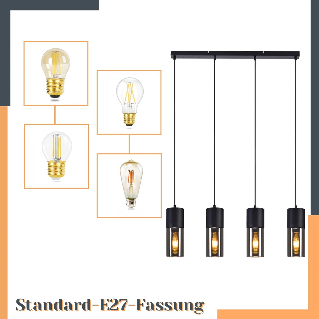 Éclairage Table à Manger Moderne Suspension 4 Lampes E27 Noire Ajustable - 4