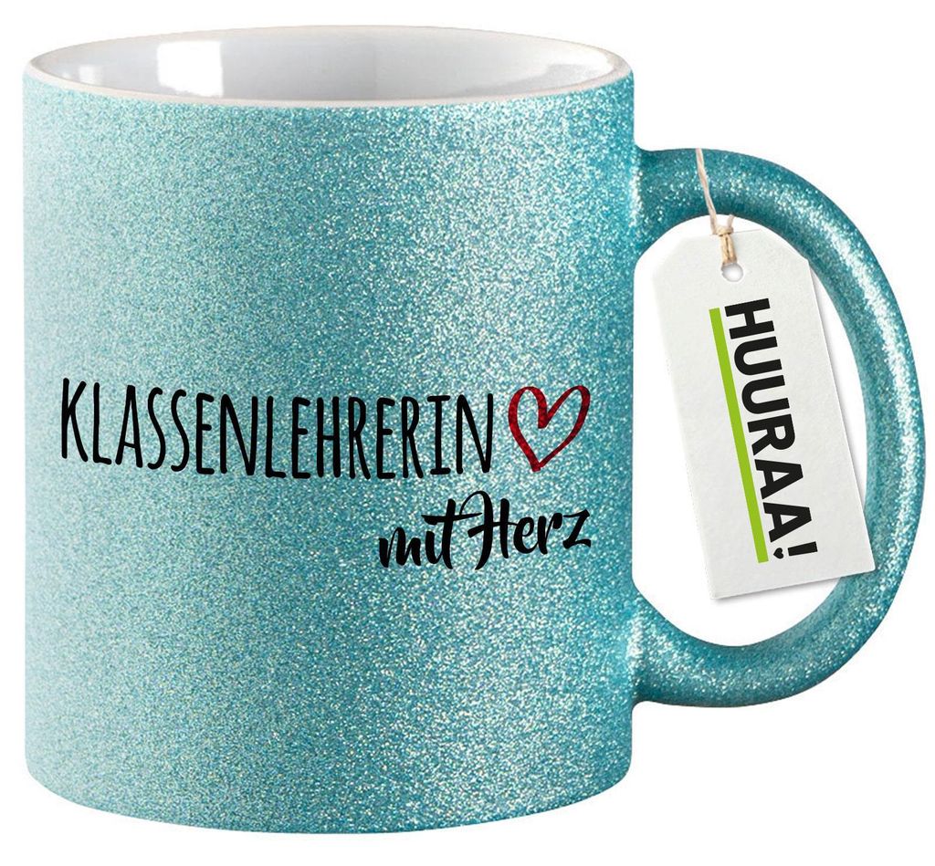 Huuraa Glitzertasse Klassenlehrerin mit Herz 330ml Blau Keramik Kaffeebecher Geschenkidee