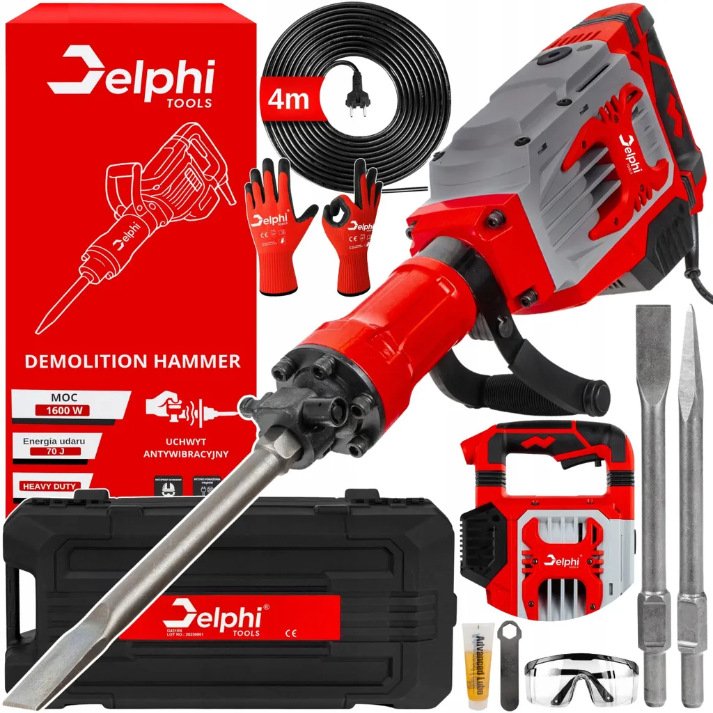 Marteau-piqueur Delphi Tools 70J refroidi à l'huile 1600W HEX 30 et burins