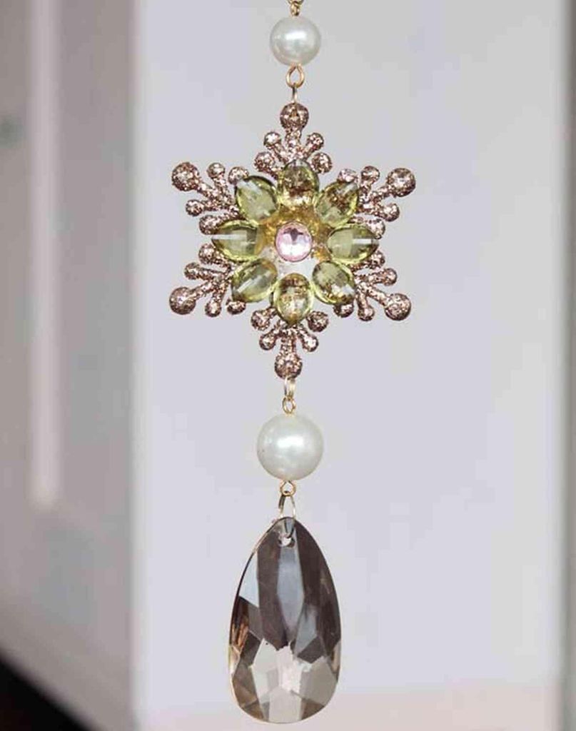 INNA-Glas Acryl Hänger Eisblume ZERA, Tropfen, Glitzer, grün-Gold, 16cm, Ø6cm - Weihnachtsbaumschmuck