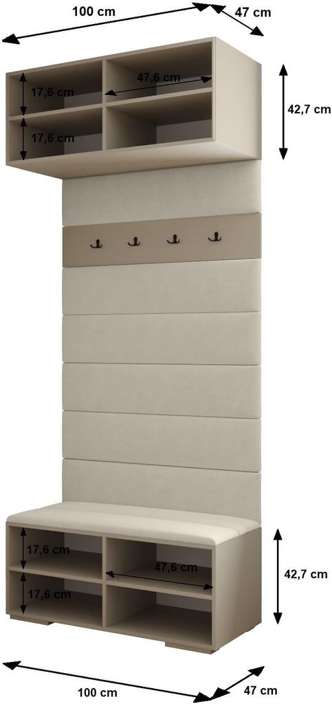A wall-mounted coat rack and shoe storage unit with dimensions indicated.