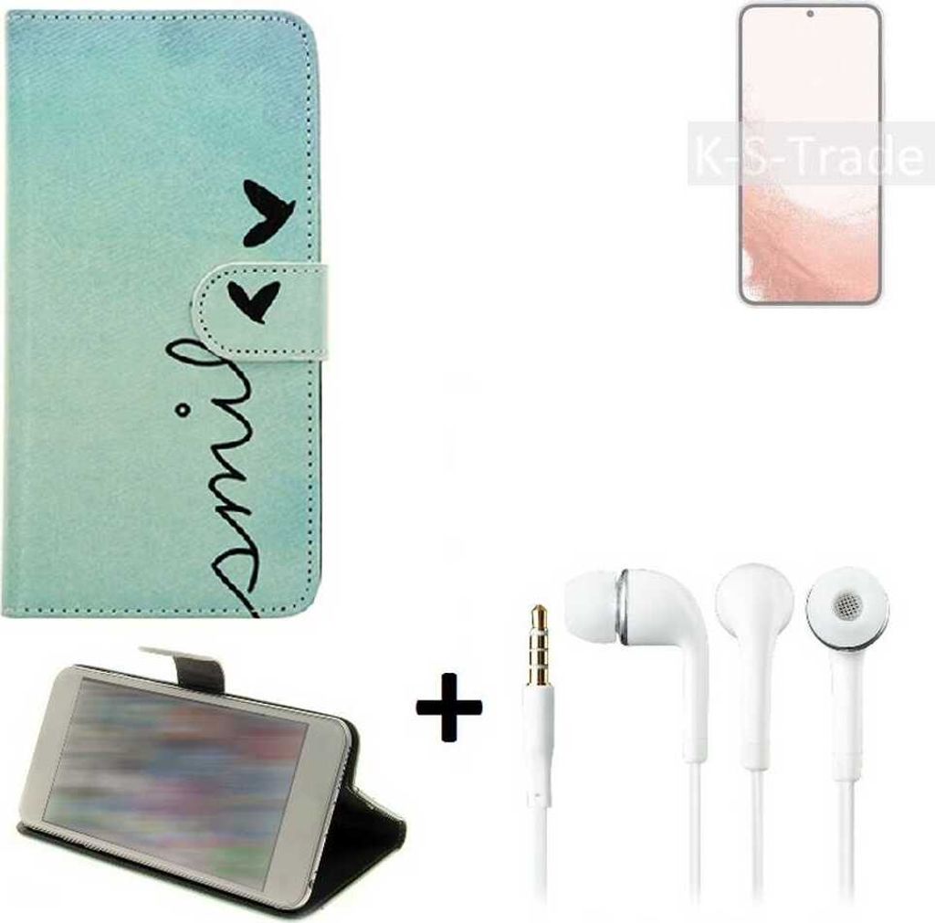 K-S-Trade Schutz Hülle Handy Hülle kompatibel mit Samsung Galaxy S22 Exynos 360° Wallet Case Schutz Hülle ''smile'' inkl. Ohrstöpsel Smartphone