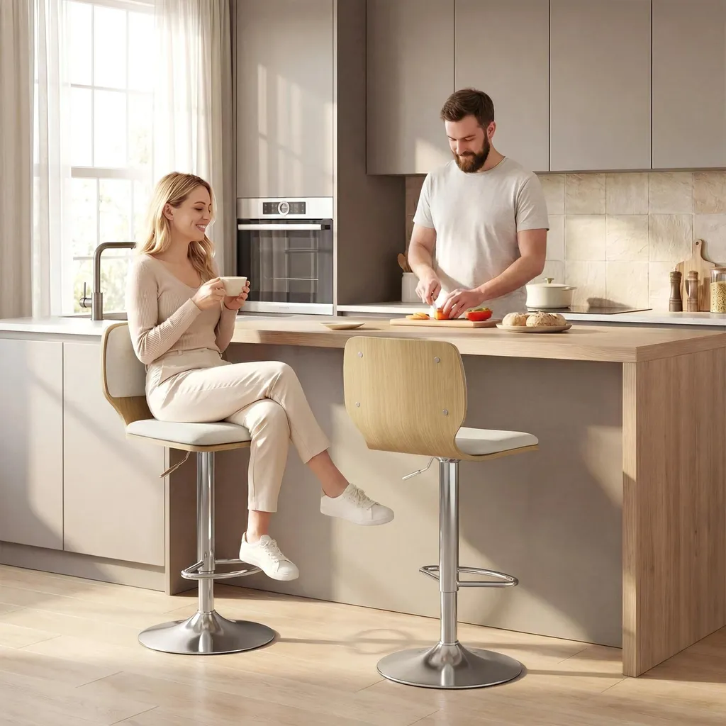 Tabourets de Bar Confortables en Lin avec Dossier et Base Stable Beige