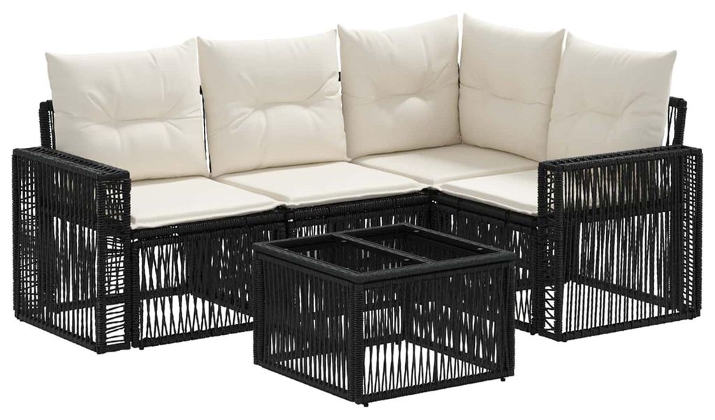 Gartensofa-set 5 pcs Schwarz und Cremeweiß Poly-Rattan