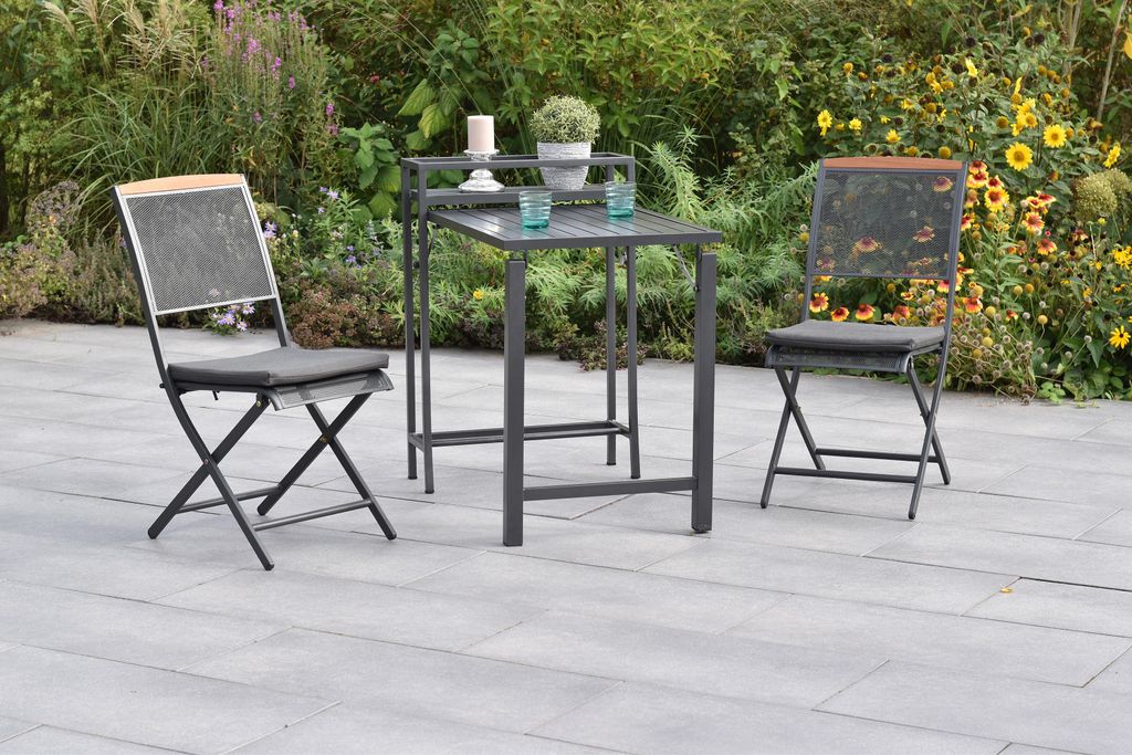 Merxx Gartenmöbel Set Patmos 5tlg., 2 Klappstühle, 2 Sitzauflagen, 1 Balkonklappentisch-Aluminium/Stahl/ Akazie
