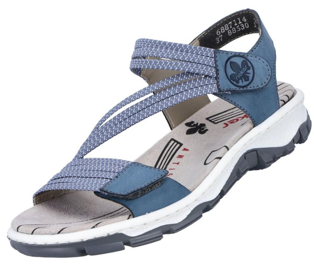 Auf dem Bild ist eine blaue Sandale von der Seite zu sehen. Die Sandale hat ein schlichtes Design mit einem gepolsterten Fußbett und einem verstellbaren Riemen.