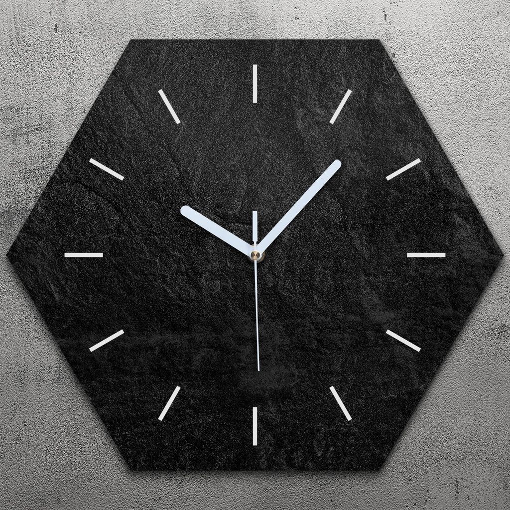Uhr hexagonal 40 cm Glas Geräuschlos weiße Zeiger - schwarze Stein