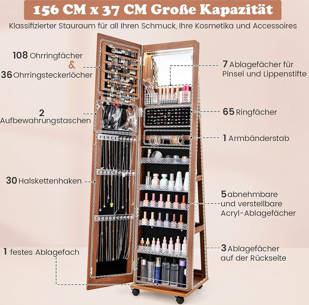 COSTWAY Skrinka na šperky s kolieskami, uzamykateľná Obrázok produktu 6