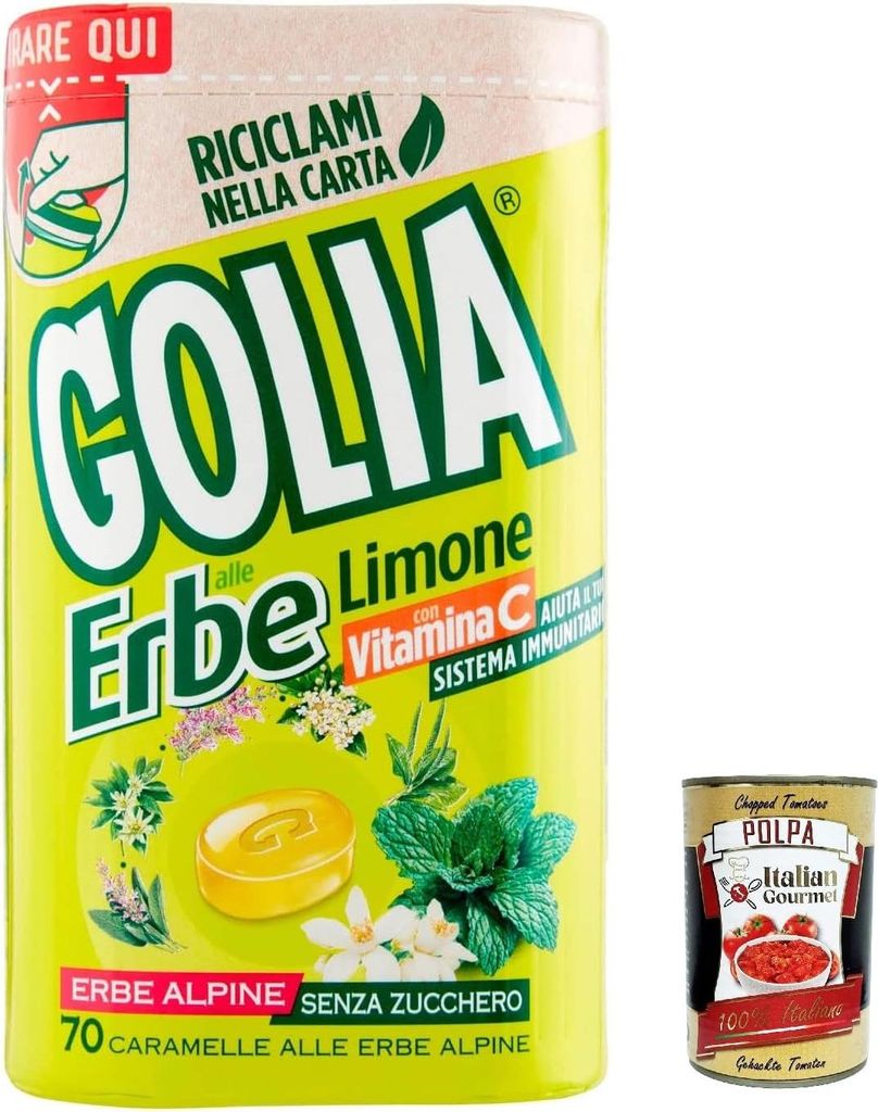 6x Perfetti Golia Erbe Limone ungesüßt, mit Kräuterextrakten und zitrone, Süßigkeiten frisch Geschmack Bonbon Lollies 130g + Italian Gourmet p...