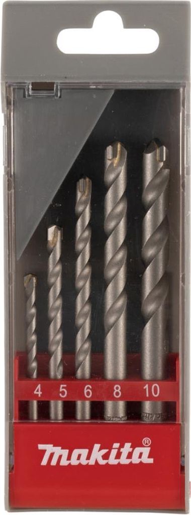A set of five drill bits in a clear plastic case with a red base, displaying the brand name and sizes.