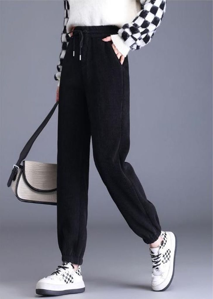 Plüsch-Chenille-Hose für Damen 2024 Herbst und Winter Neue Online-Promi-Hotstyle-verdickte lässige Haremshose mit Bündchen Schwarz M