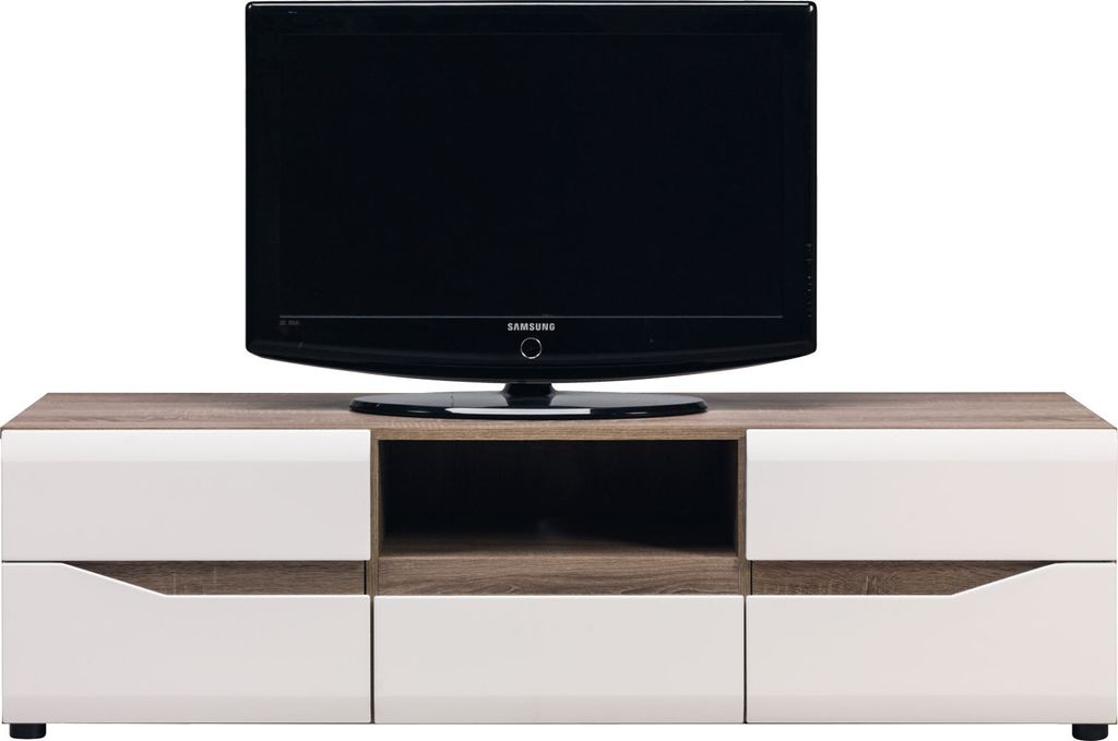 Furniture24 Fernsehschrank LIONEl LI1 Tv Schrank 150 cm Lowboard mit 1 Schublade 2 Türen Sonoma Trüffel/Weiß Glanz