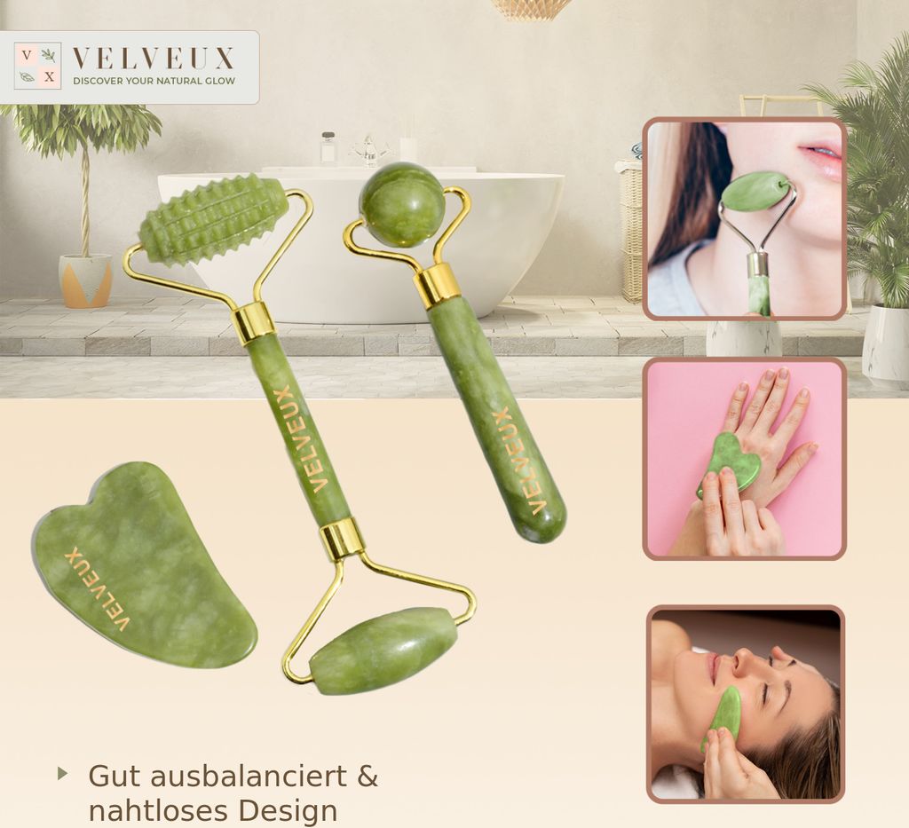 Jade Gesichtsroller & Gua Sha Set – 100% Naturstein, Anti-Aging, Inkl. Massageanleitung