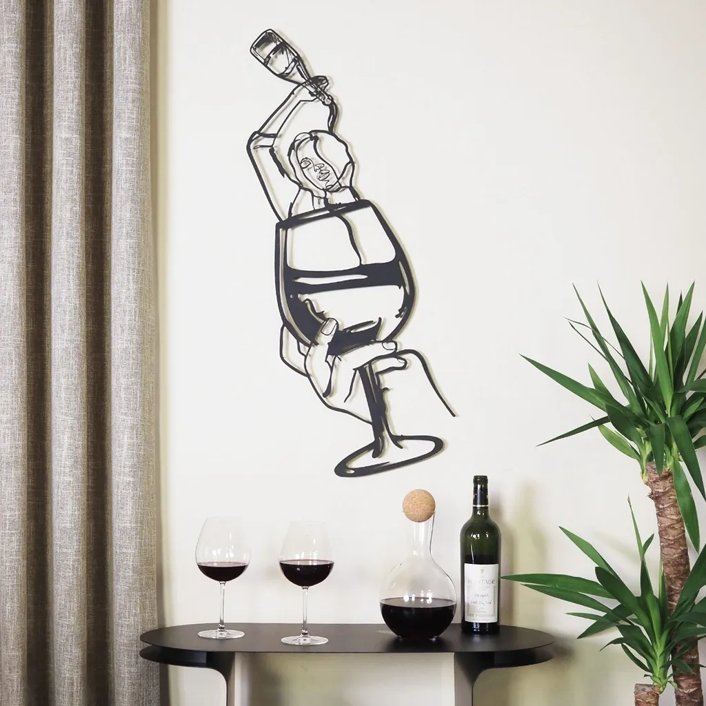 Wallity, Glass of Wine Girl Line Art- APT749 M, Accessorio decorativo da parete in metallo, 100 % ACCIAIO, nero, 33 x 69 cm