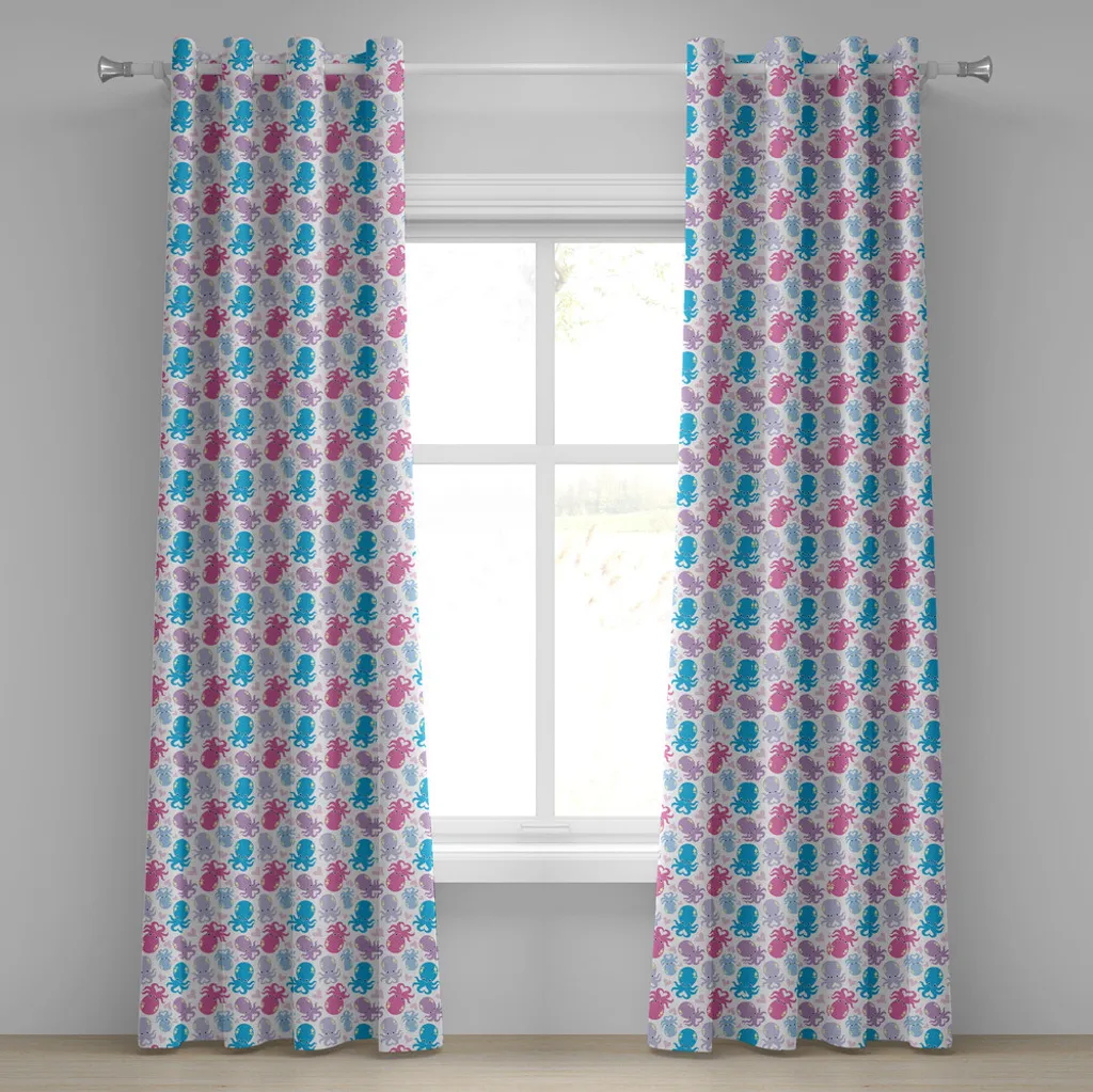 Rideau de chambre enfant pieuvre et cœurs, décoration marine colorée