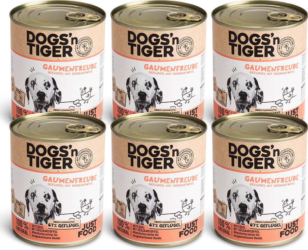 Dogs’n Tiger Adult Premium Hundefutter, Nassfutter, Getreidefrei, Gaumenfreude, Geflügel & Süßkartoffel, 6x 800g