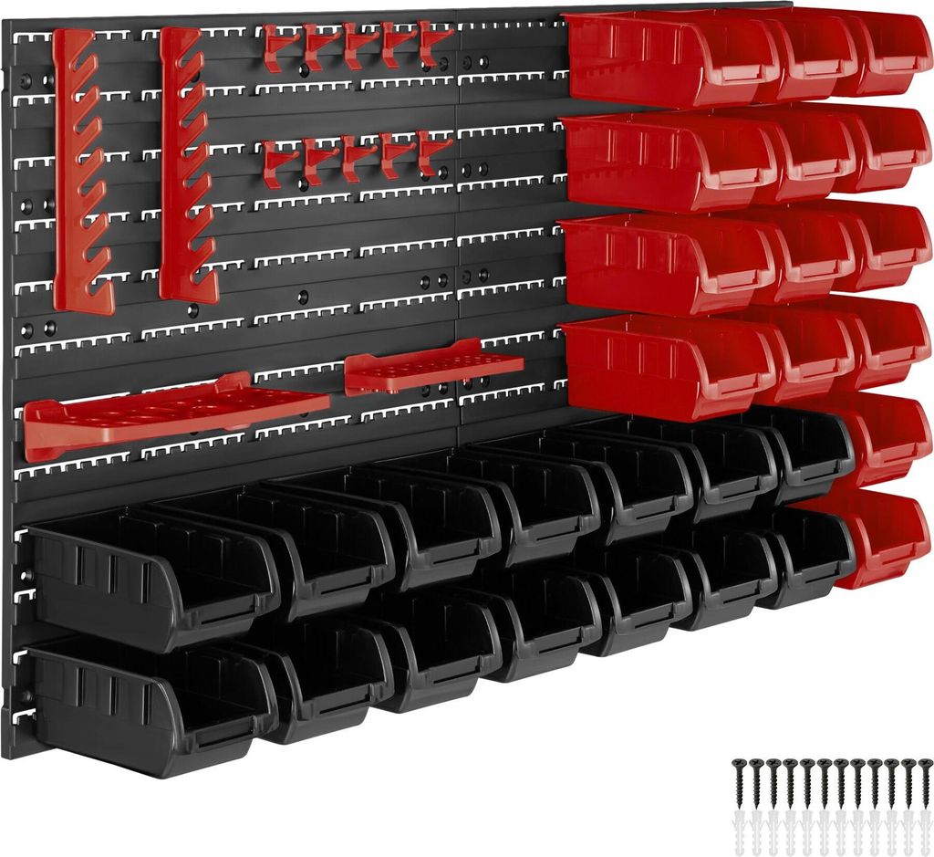 A wall-mounted storage system with multiple bins and tool holders.