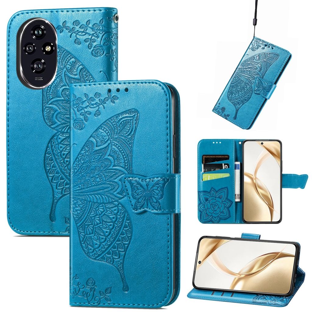 Für Honor 200 Kunstleder Wallet Handy Tasche Schmetterling Design Hülle Etuis Blau