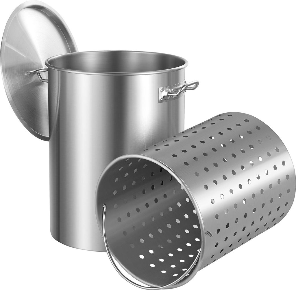 A stainless steel stockpot with a lid and a perforated basket, presented on a white background.