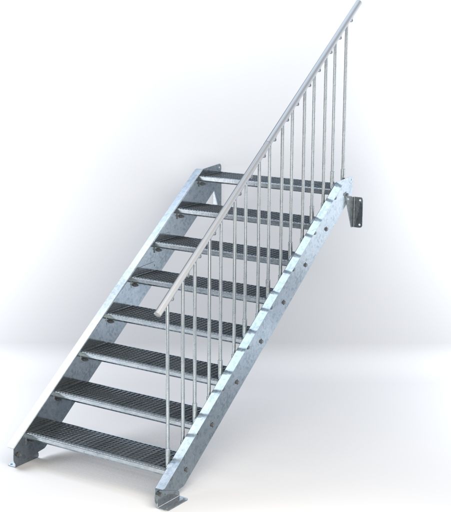 Stahltreppe 8 Stufen bis Höhe 160 cm, Laufbreite : 100 cm Geländer rechts ST 2 (31 / 31 mm gezackt)