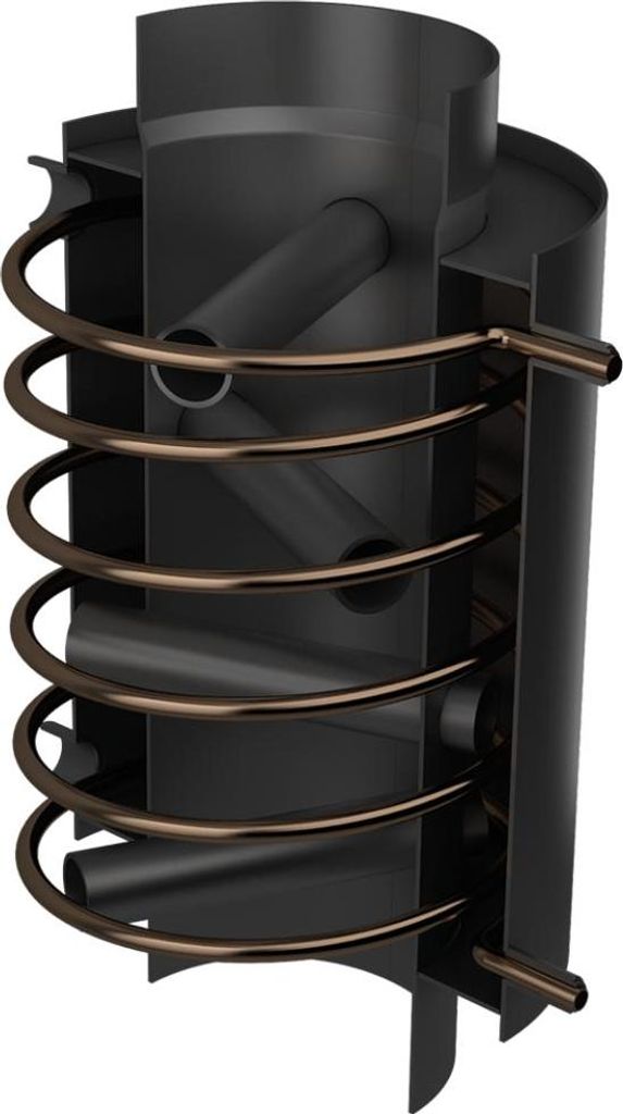 A cutaway view of a water heater component with a coiled copper pipe.