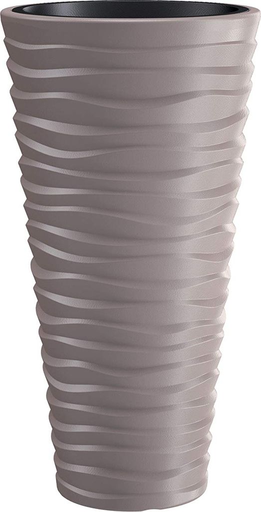 A tall, decorative planter pot with a wavy texture.
