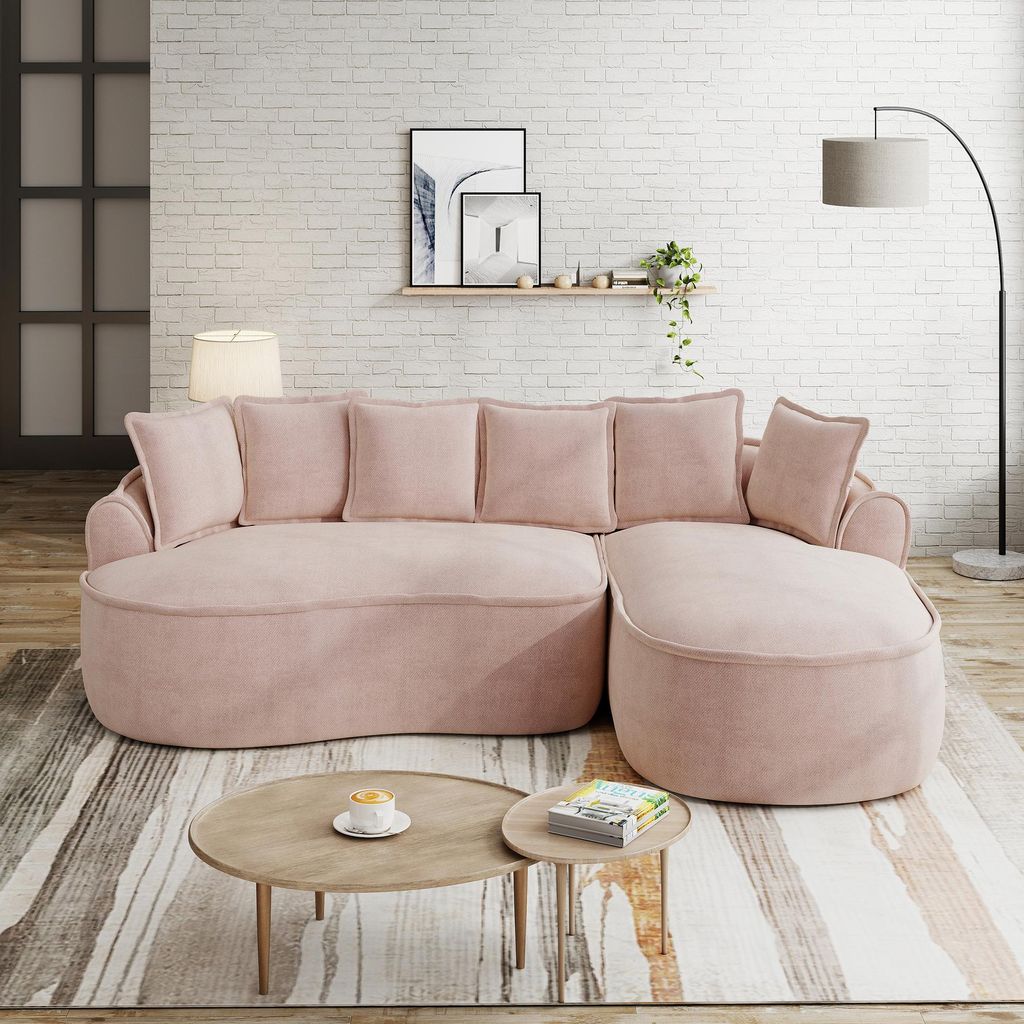 MODFU Schlafsofa mit rechter Chaiselongue,L-förmiges Zweisitzer Sofa mit Armlehnen & Kissen,Loungesofa mit Rahmenlose,Chenille,Rosa