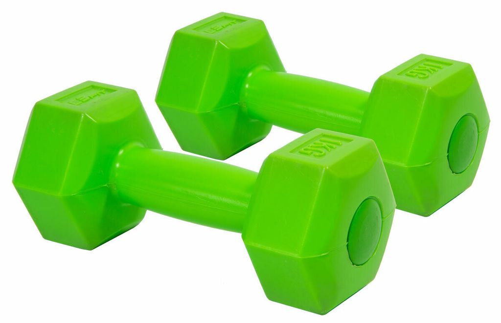 A pair of green dumbbells on a white background.