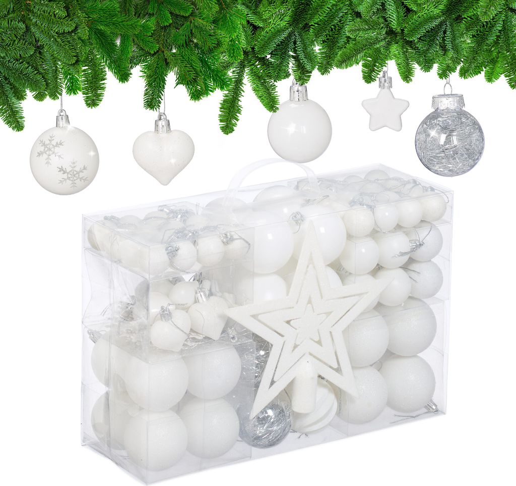 Relaxdays kerstballen set, 101 stuks, kunststof, Productafbeelding 
