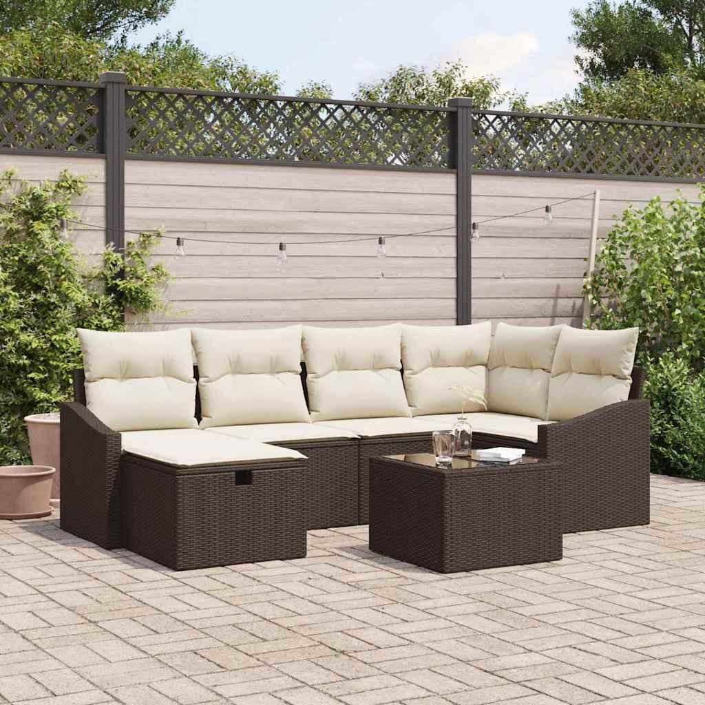 "2026 Promotion" Sofa Set mit Kissen - 7 pcs - Braun und Creme Poly-Rattan - Gartenmöbelset CC19525