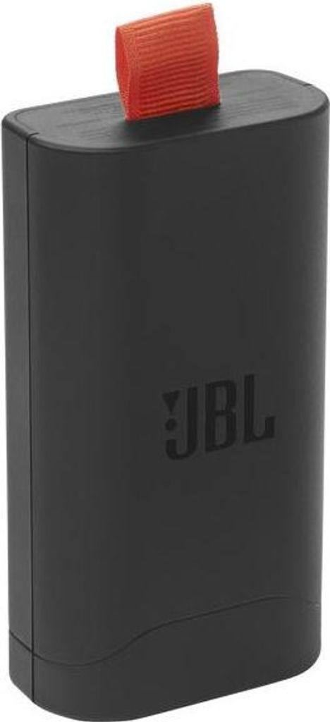 A black JBL battery pack with an orange loop on top, shown against a white background.