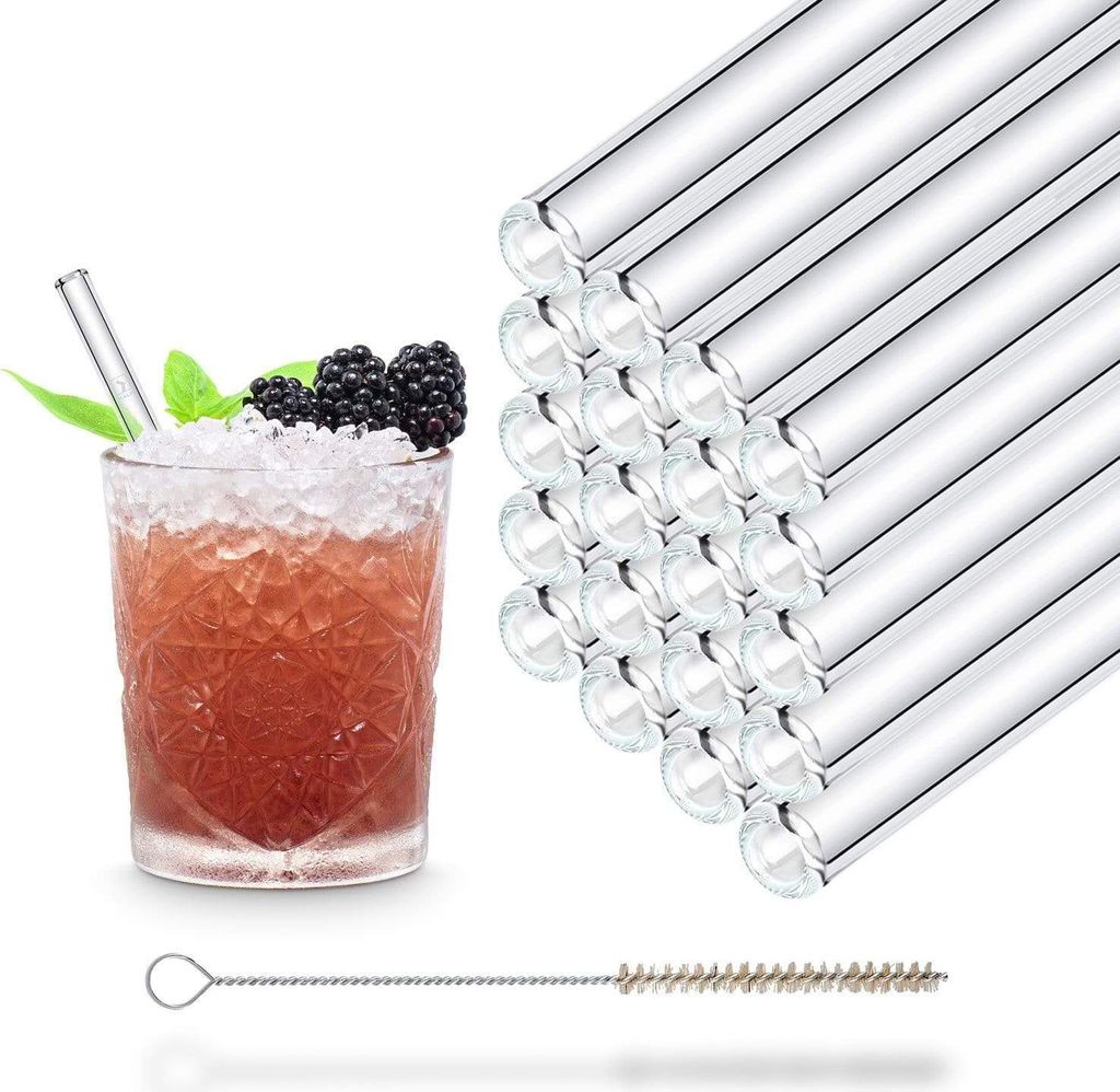 HALM Glasstrohhalme Wiederverwendbar Trinkhalm - 20 Stück kurz gerade 15 cm + plastikfreie Reinigungsbürste - Spülmaschinenfest - Nachhaltig