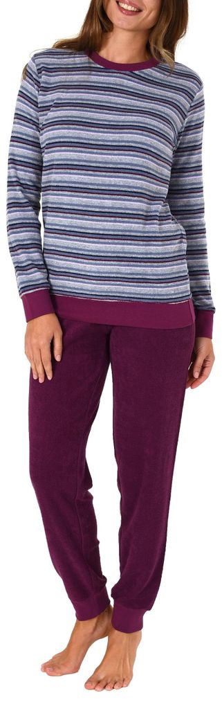 Damen Frottee Pyjama lang, Schlafanzug mit Bündchen und modischen Ringeln - 59892 ; lila , 44/46