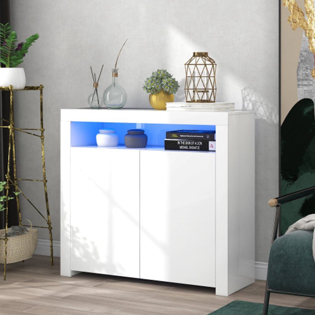 Kommode Sideboard WeißWohnzimmer Sideboard Aufbewahrungsschrank Weiß Hochglanz mit LED-Licht, Moderne Küchenzeile Schrank Buffet Holz Aufbewahru...