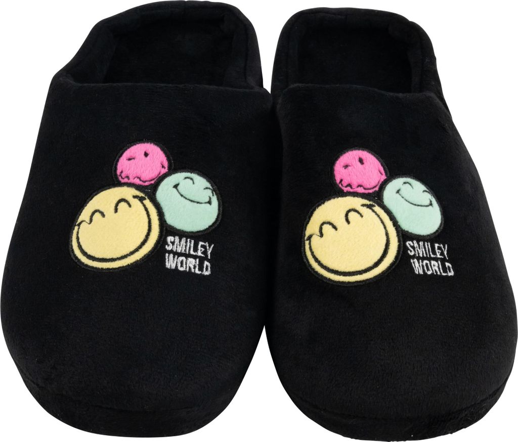 Smileyworld Hausschuhe für Damen - Smiley Puschen Slipper Pantoffeln Schlappen Schwarz 41-42