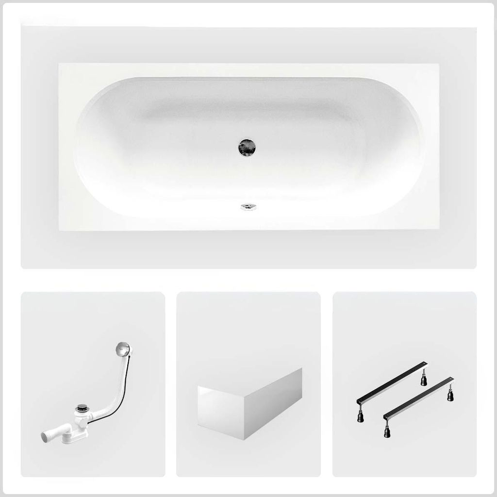 Rechteckige Badewanne - 170 x 75 cm - mit Frontschürze - Füße - Chromablauf - VITAE