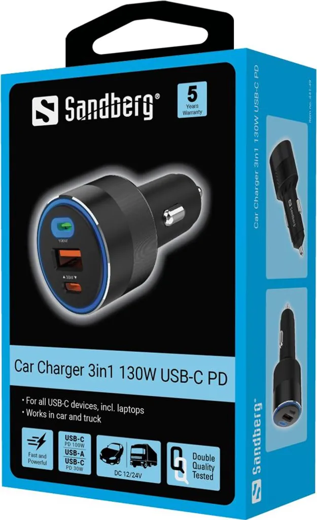 Sandberg Caricabatterie Auto 130W USB-C PD 3-in-1 Ricarica Rapida Notebook