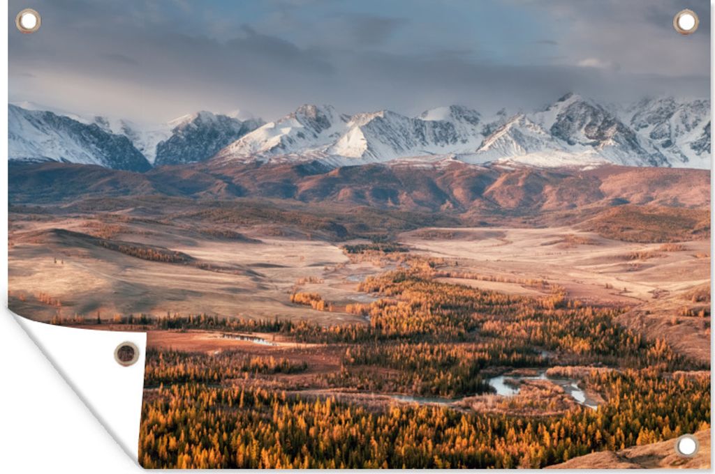 MuchoWow 90x60 cm Outdoor-Poster Gartendeko Sichtschutz Garten Poster für den Garten Die Steppe und die schneebedeckten Gipfel von Russlands Natur