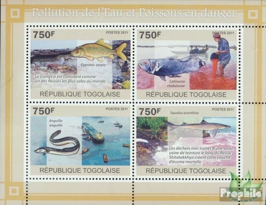 Briefmarken Togo 2011 Mi 3829-3832 Kleinbogen (kompl. Ausgabe) postfrisch Wasserverschmutzung - gefährdete Fische