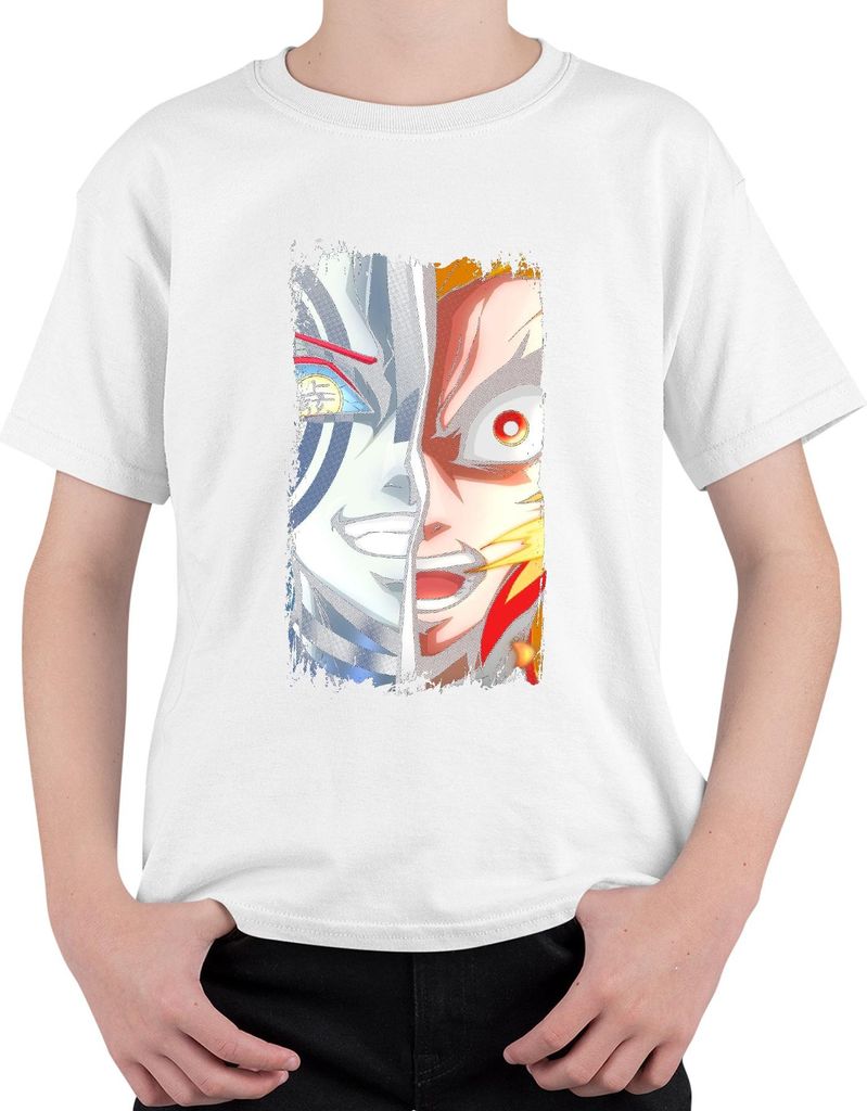Rengoku Akaza Halbgesicht Feuer Dämon Anime Vintage Anime Manga Uni Kinder T-Shirt, Weiß, 104