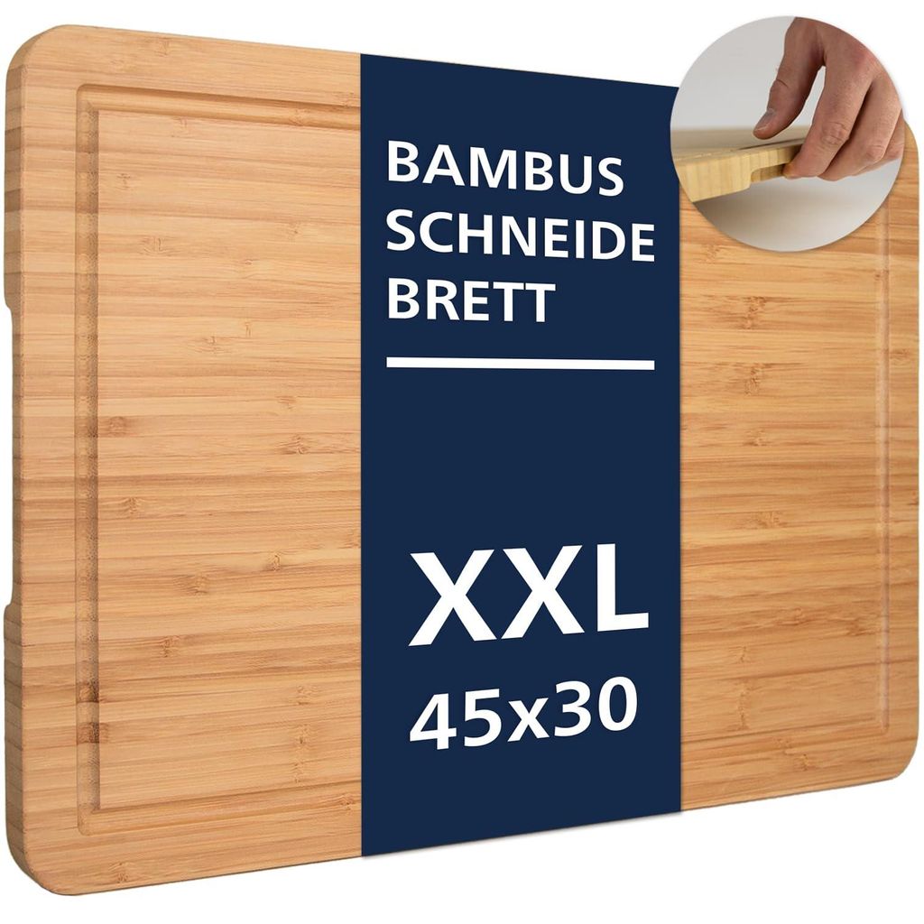 Schneidebrett aus Holz – Antiseptisches, hochwertiges Küchenbrett aus Bambus, großformatig mit Griffen und Saftrille –es Servierbrett, schnit...
