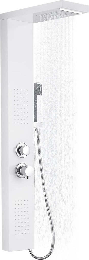 A white shower panel with water flowing from the top and a handheld showerhead.