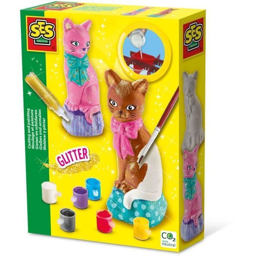 Gipsfiguren Set Katze, 3D Form, 6 Farben, Glitzerkleber, SES Creative