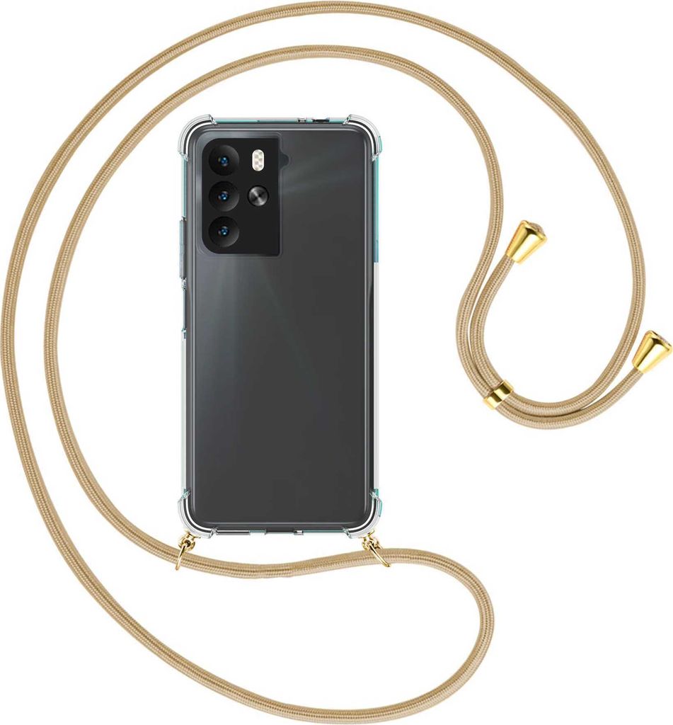 Handykette Backcover-Schutzhülle mit Band (Metall goldfarben) für HTC U23 Pro (2QC9200,-9100,-B100, 6.7'') - caramel