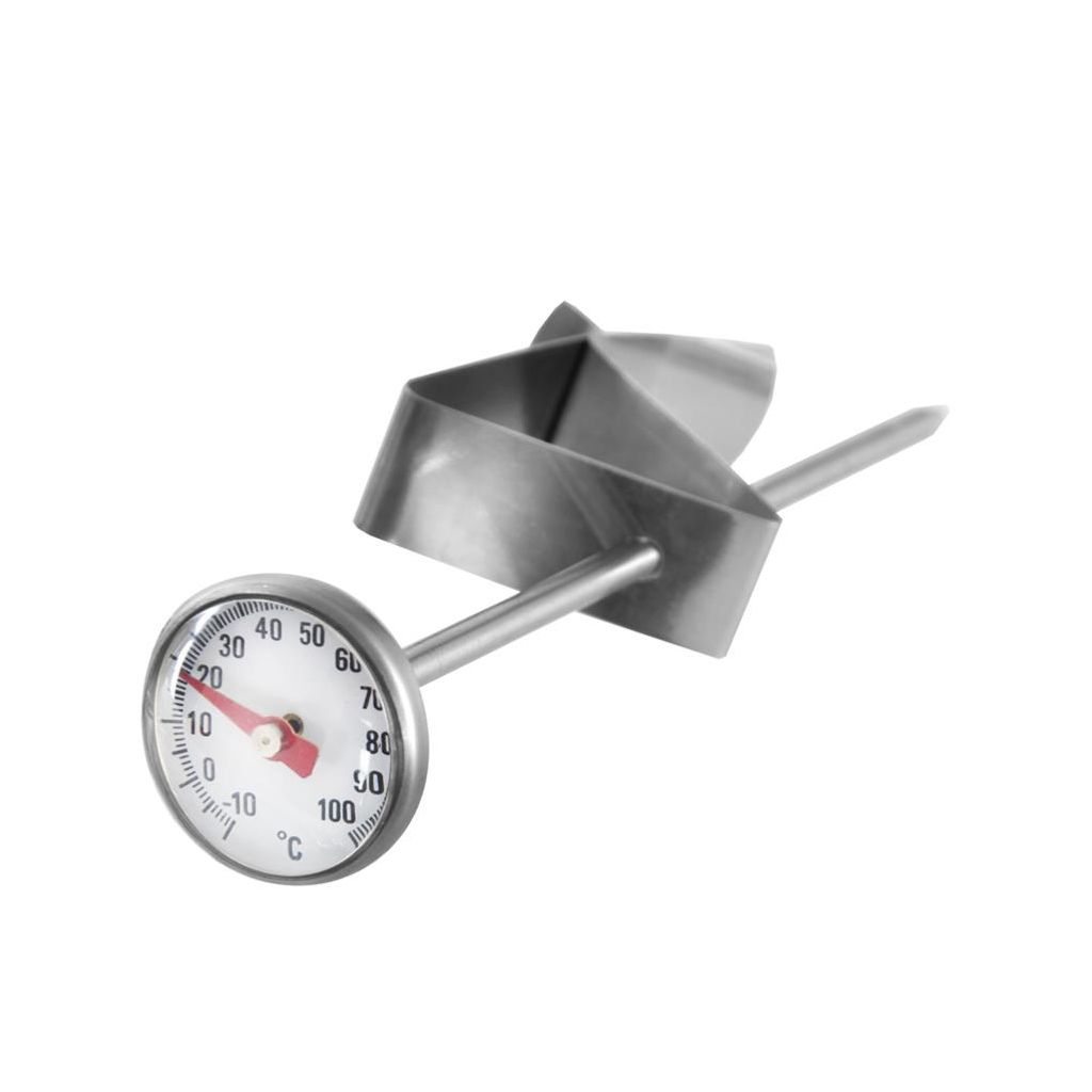 A stainless steel thermometer with a clip, designed for cooking and grilling.