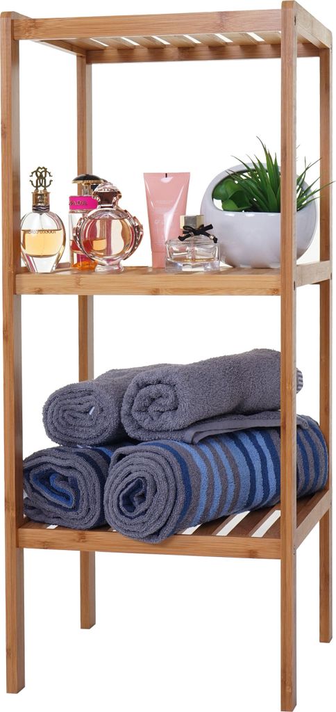 Badregal HWC-B18, Badezimmer Badschrank Standregal, Bambus 80x34x33cm