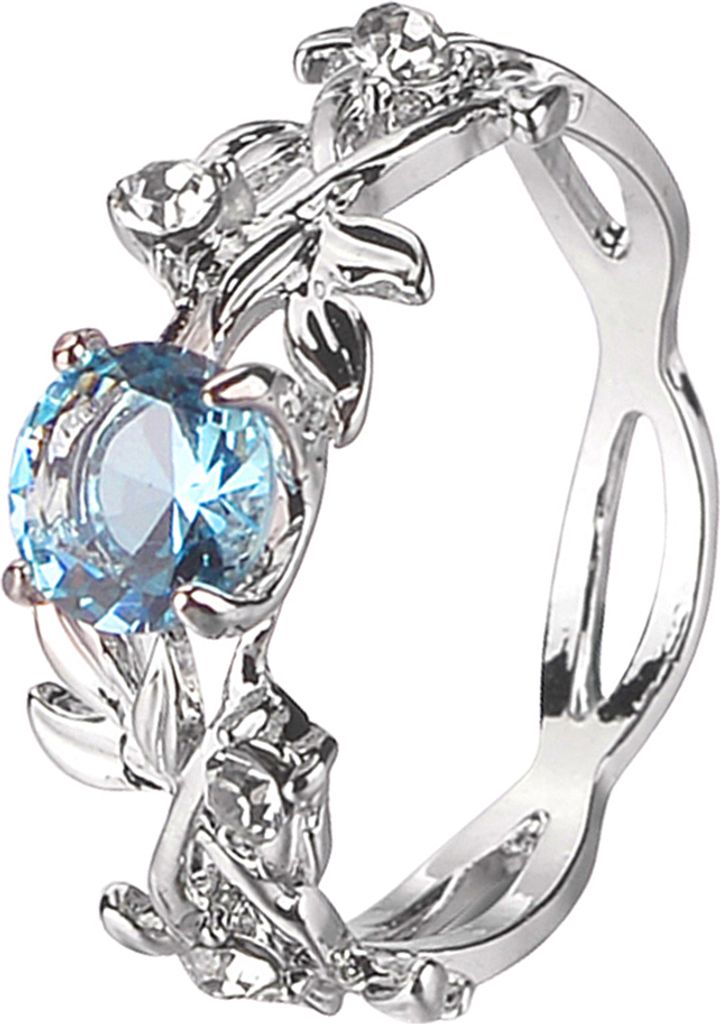 Frauen kreative Blätter Design Legierung aushöhlen Strass Ring Charm Schmuck-Meeresblau,US 6